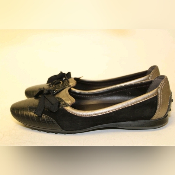 Tod's Gold Black Suede Ballet Flats Comfort Slip On Driving Shoes 8 - Picture 5 of 10